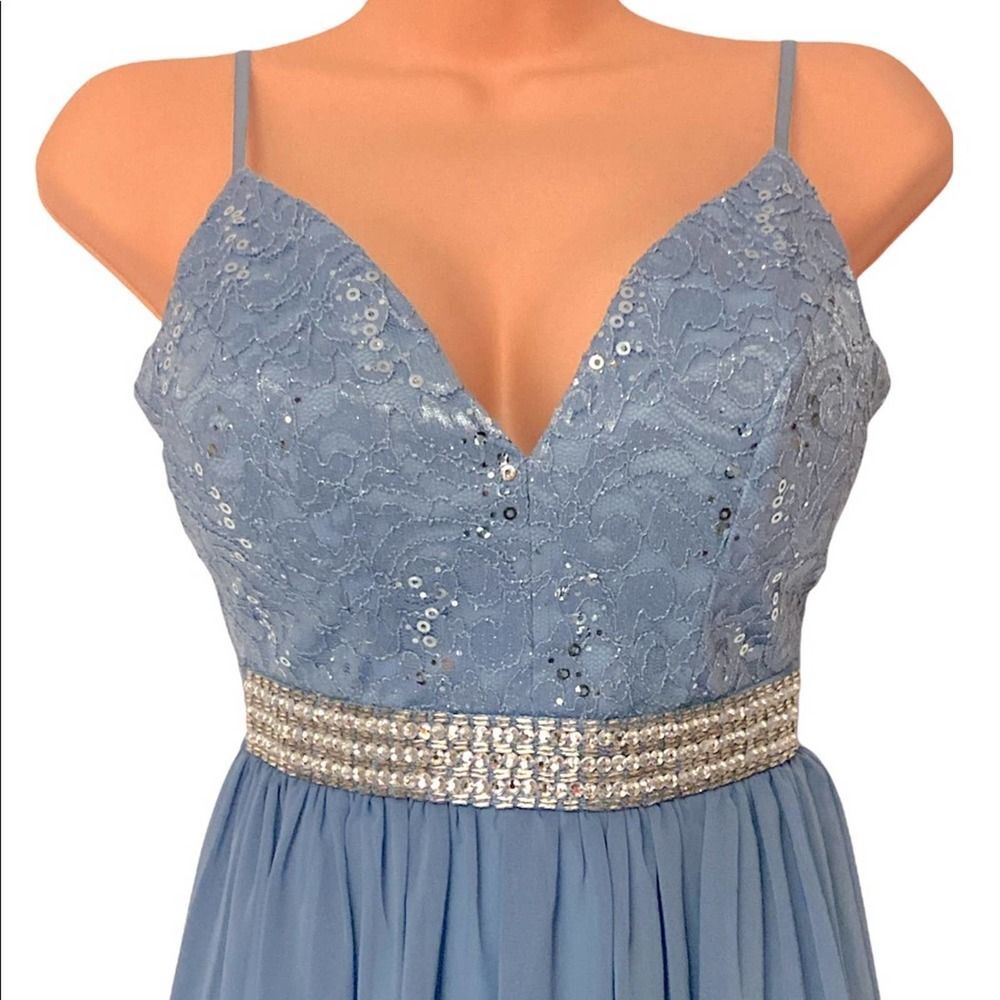 Emerald Sundae Chiffon Lace Wedding Guest Slitted Blue Gown Maxi Prom Dress - Picture 9 of 12